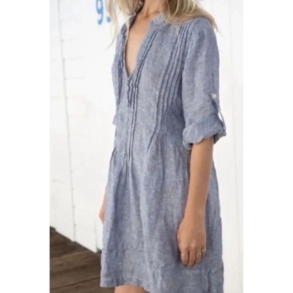CP Shades Regina 100% Linen Collarless Pleated Bodice Tunic Top Women's Small